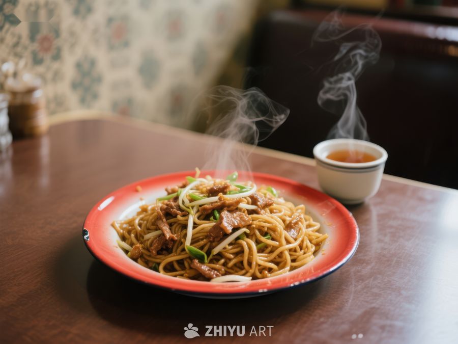 热腾腾的炒面配茶，温馨餐桌景象 803