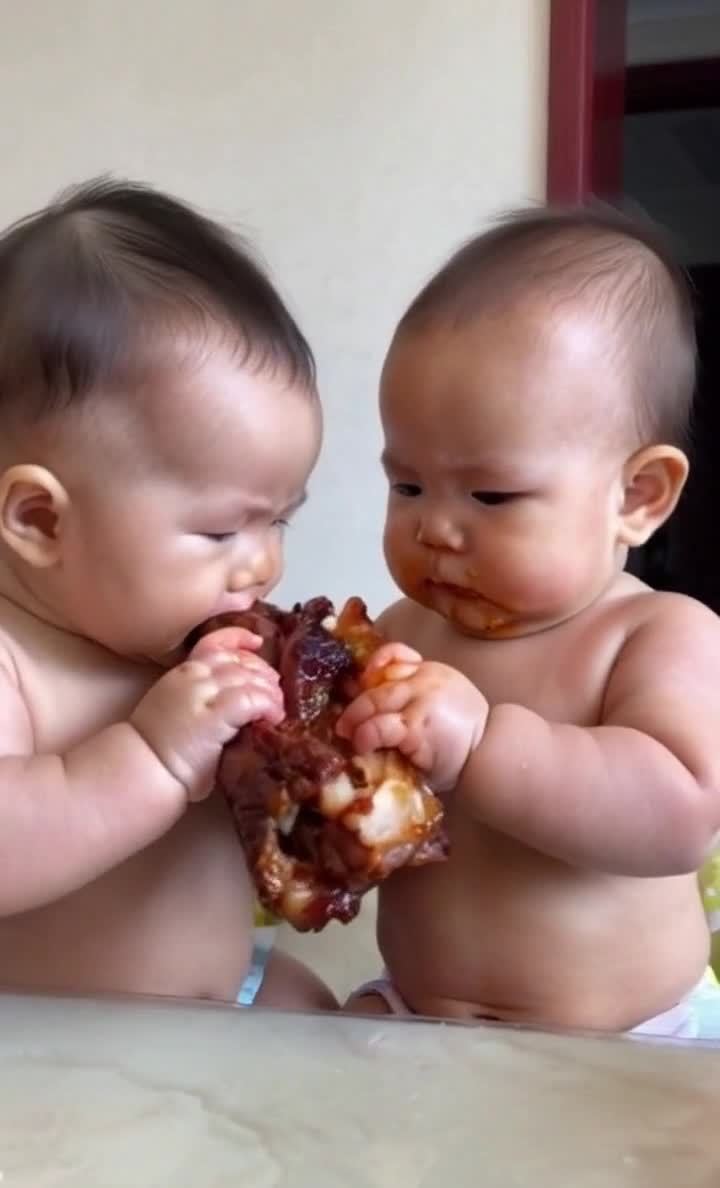 两个宝宝一起抓着猪肘子吃，画面感十足！