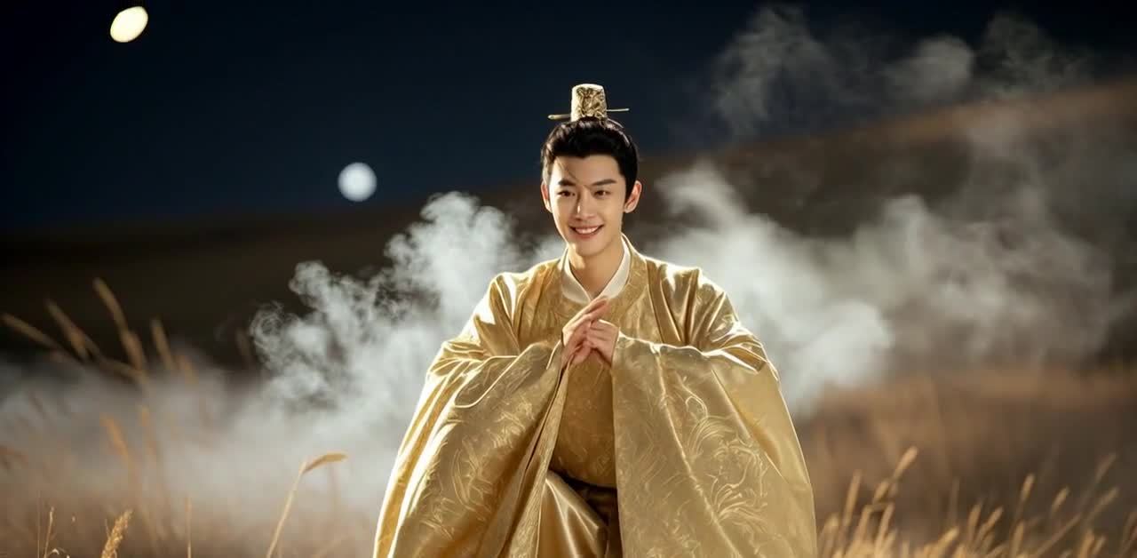 金袍古装男子夜空草地微笑，手交叠戴头饰。