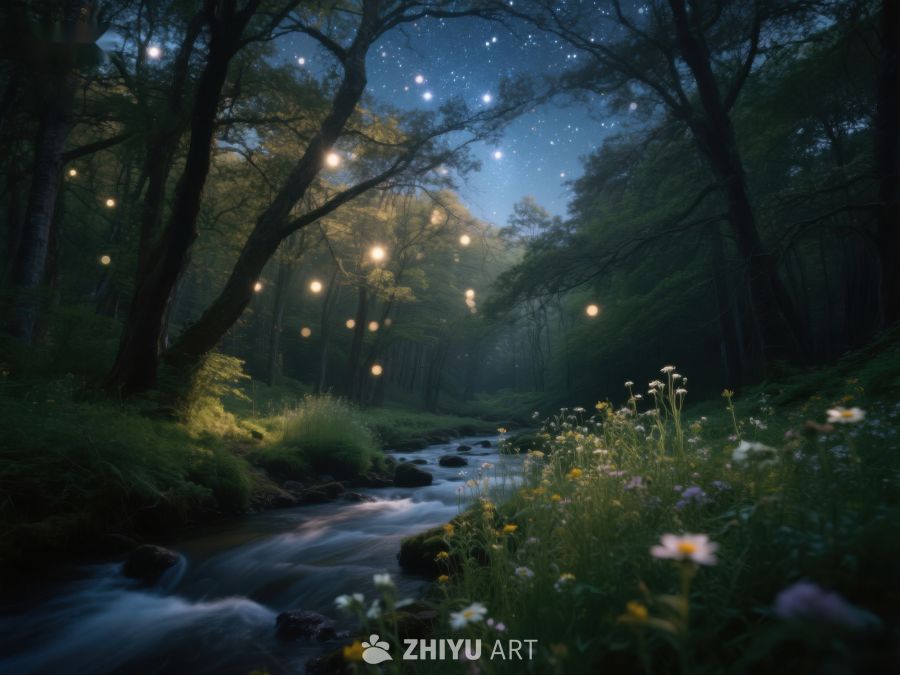 夜幕森林溪流，星光点点 409