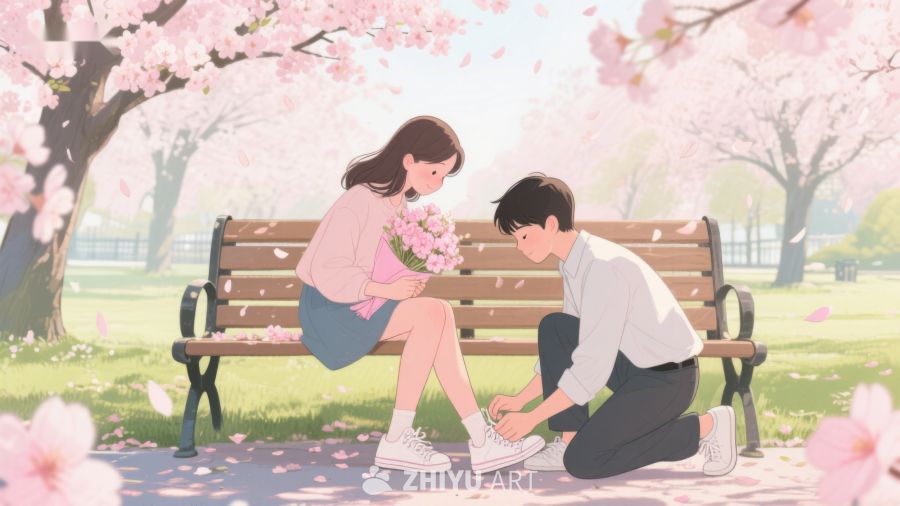 樱花树下，男孩为女孩系鞋带 591