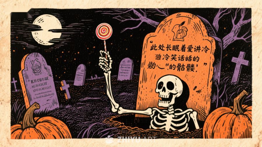 墓地中的骷髅手持棒棒糖