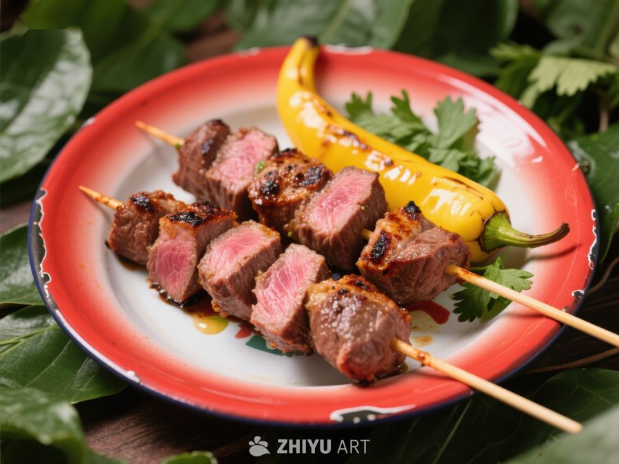 烤肉串配黄椒，置于红色盘中