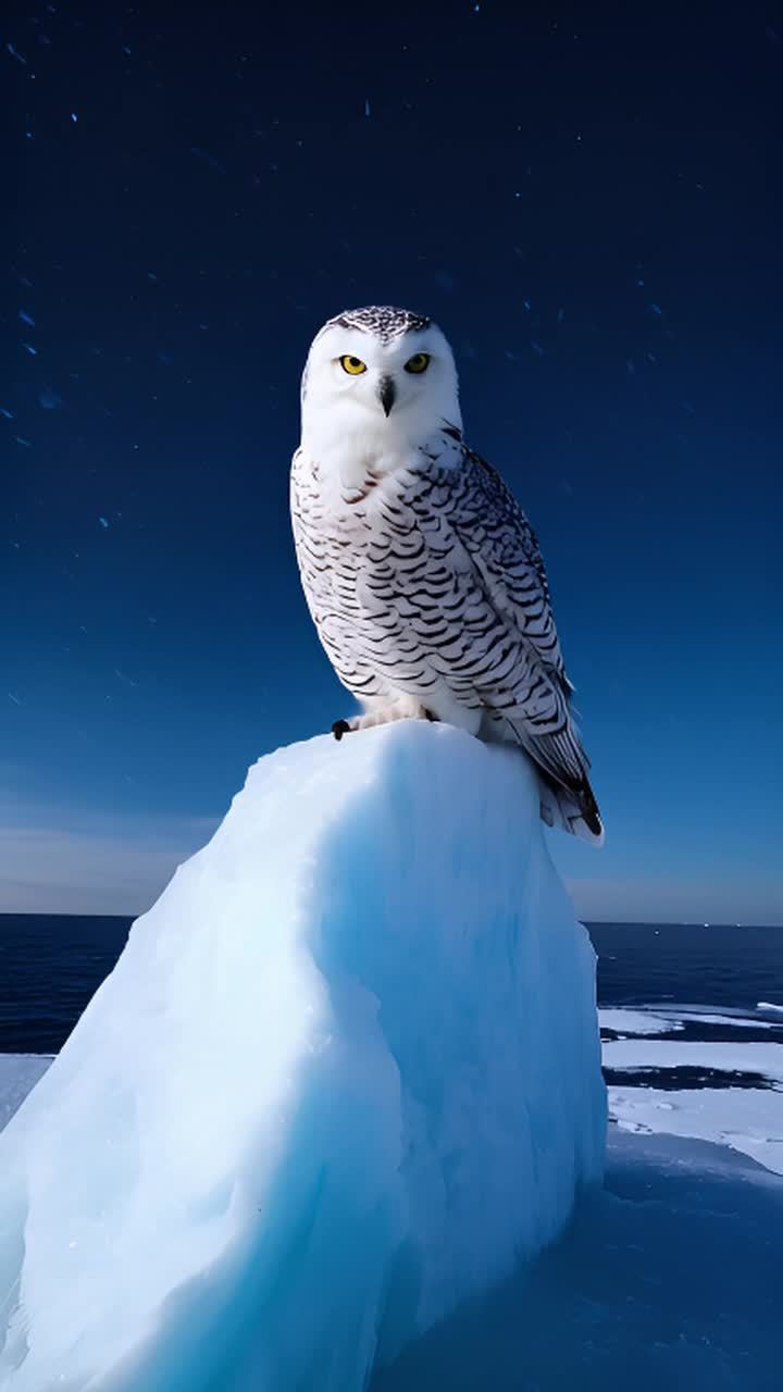 雪鸮坐在一座高耸的冰山上，星空璀璨。它的白色羽毛与