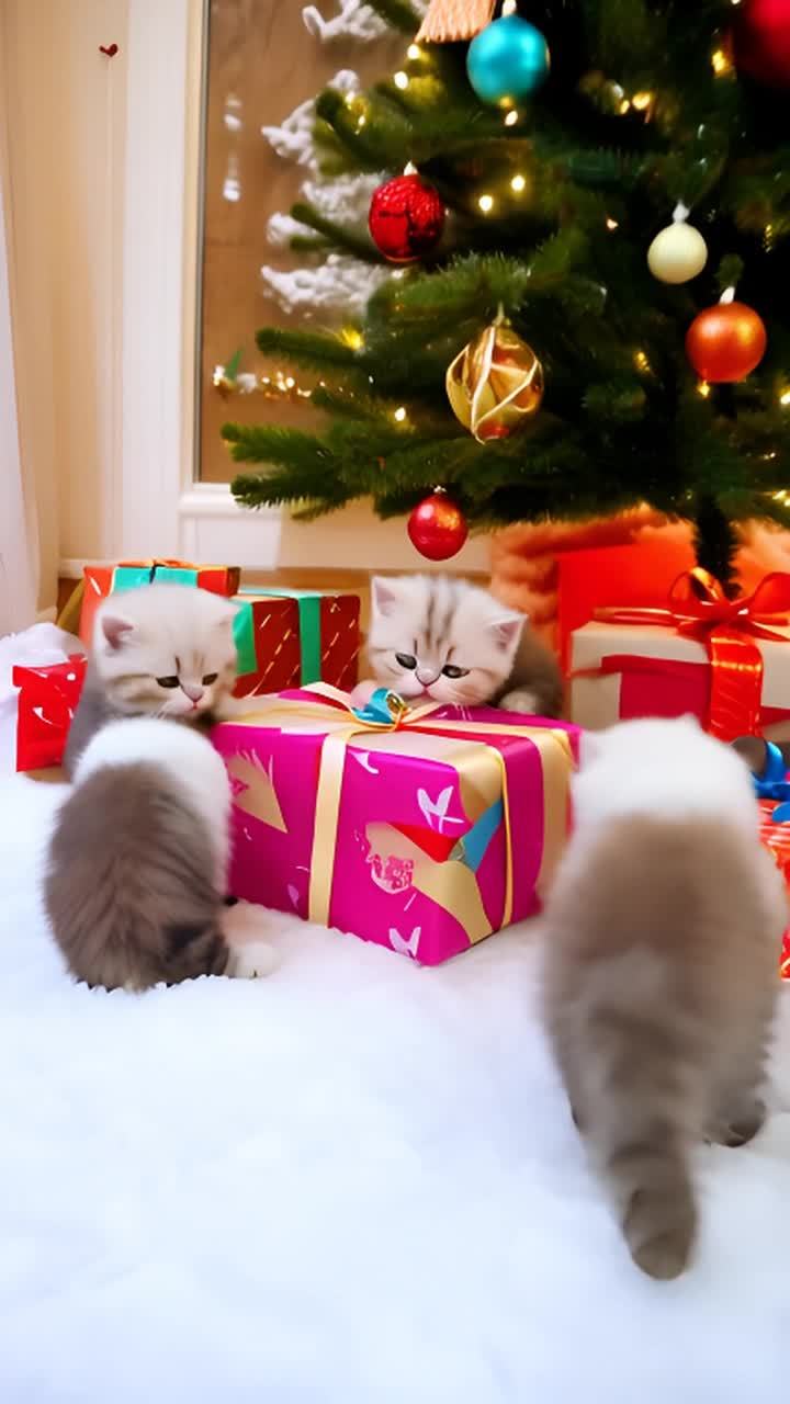 五只毛茸茸的小猫在圣诞树下玩耍，圣诞树上挂着红色、
