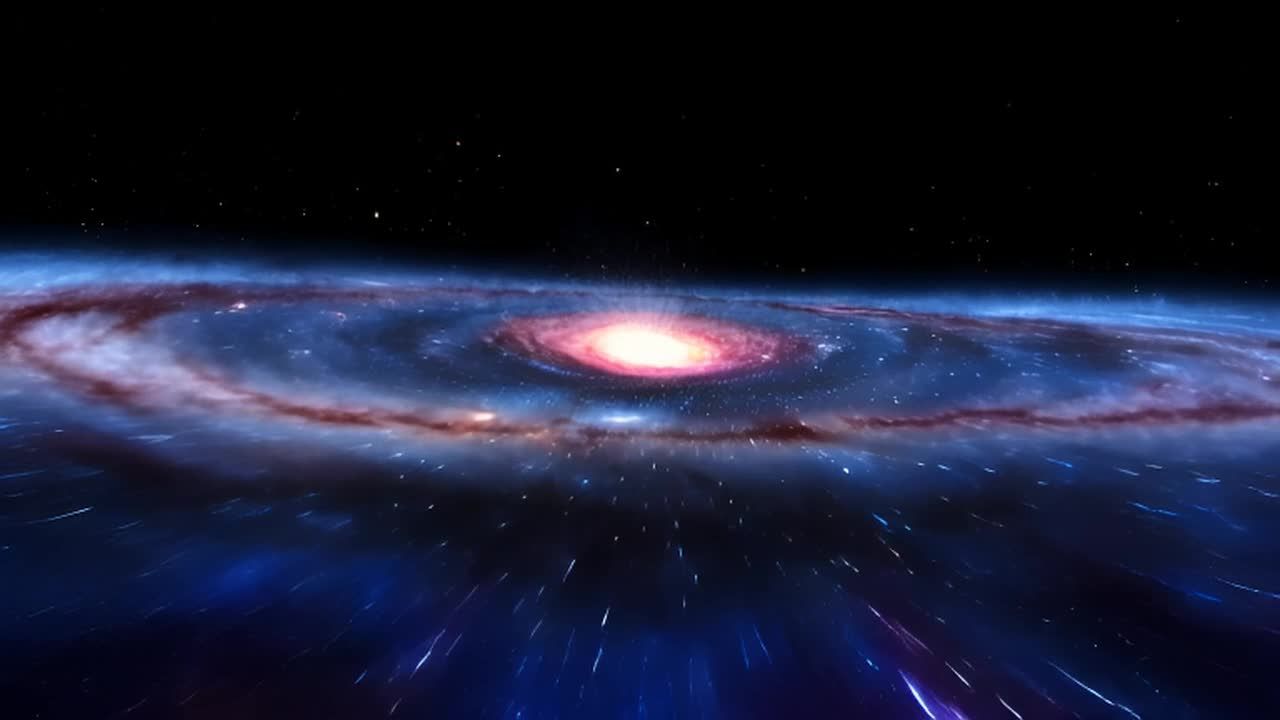 图像展示了一个壮观的宇宙景象。中心是一个明亮的星系