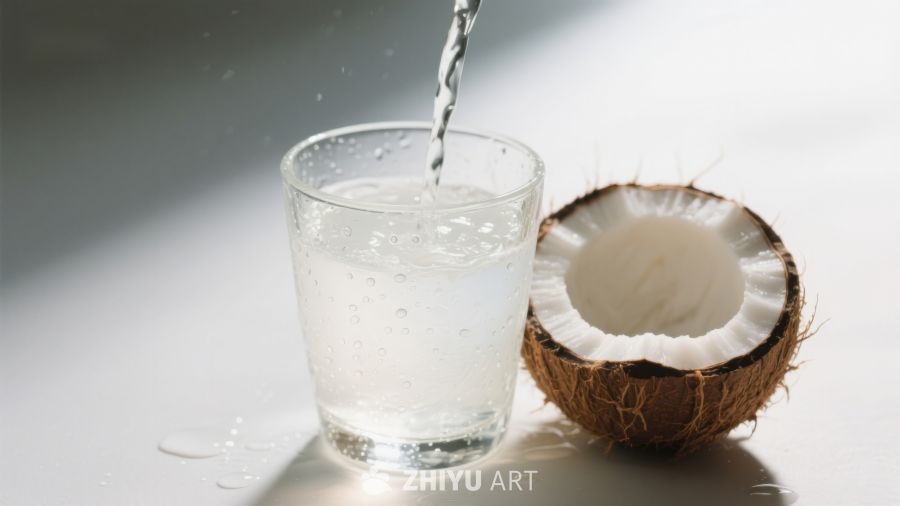椰子水倒入玻璃杯