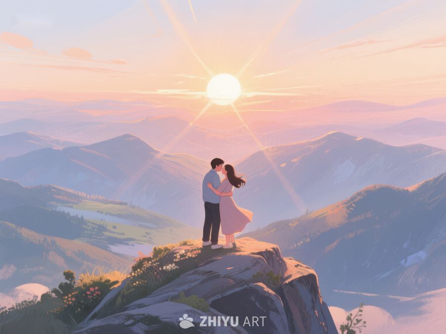 山顶情侣拥抱，夕阳美景相伴 634