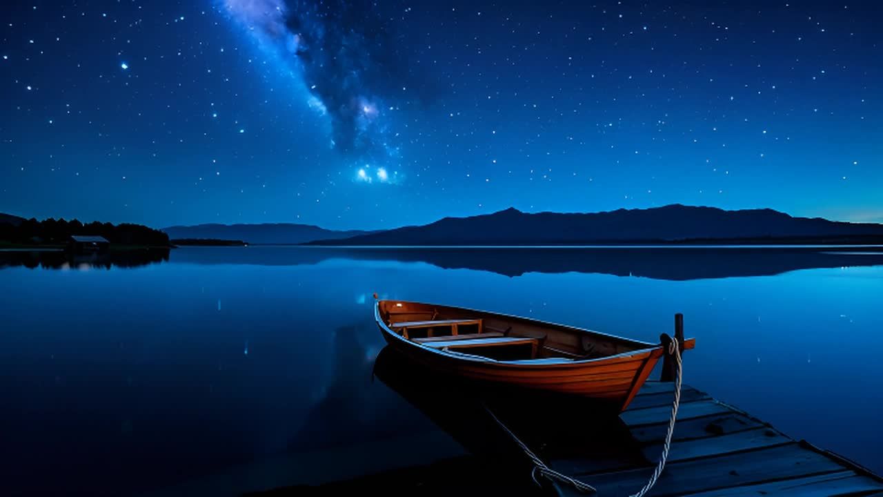 夜幕降临，星空璀璨。一艘小巧精致的木船静静地停靠在