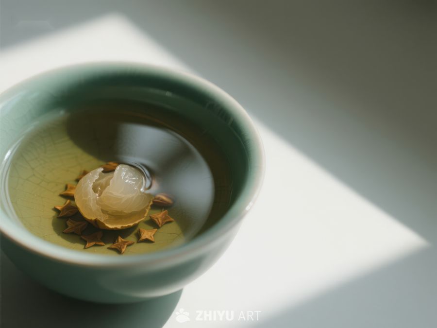 青瓷茶碗中的清茶与冰糖 433
