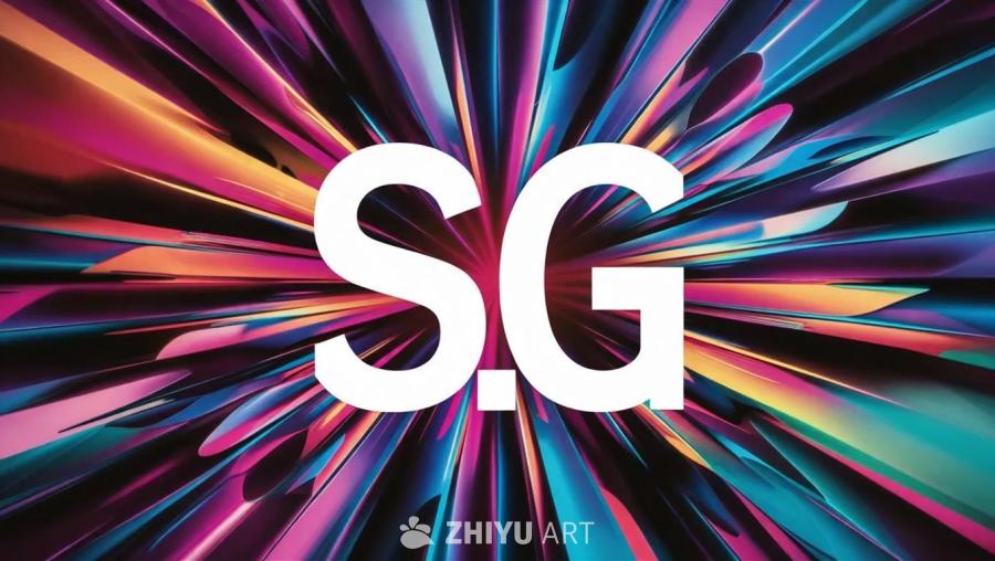 白色粗体字母“S.G”位于抽象的、充满活力的背景之