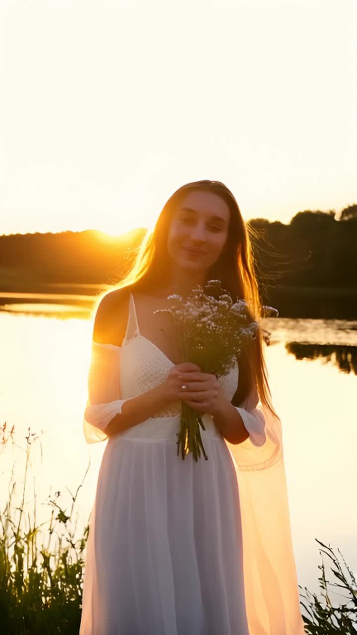 一位身穿白色连衣裙的女性，手持一束白色小花，站在水