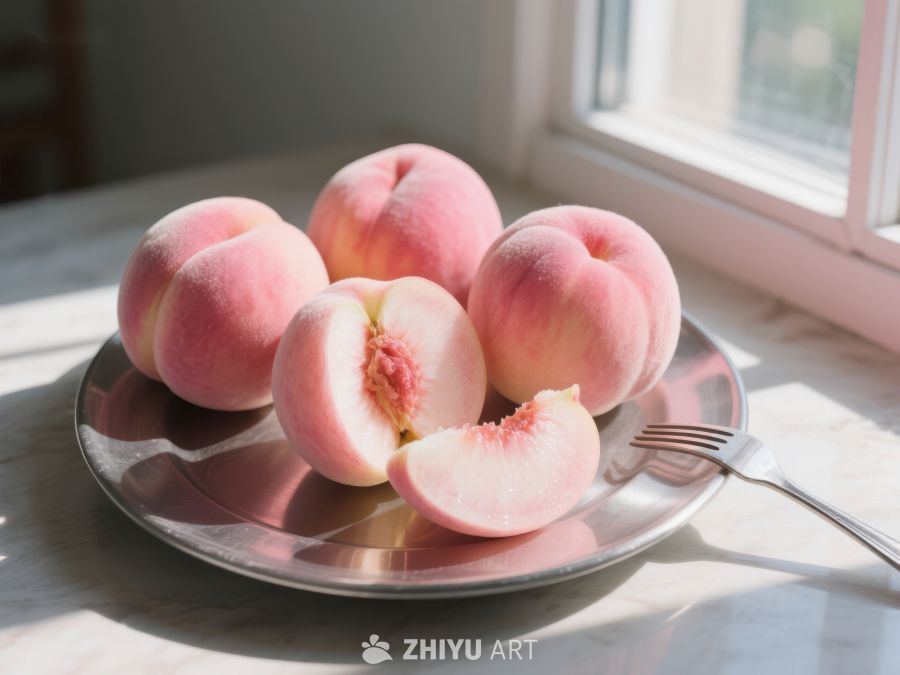 新鲜桃子置于窗边银盘 736