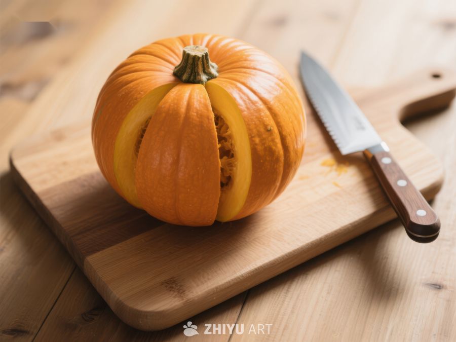 切片南瓜与刀具置于木板 320