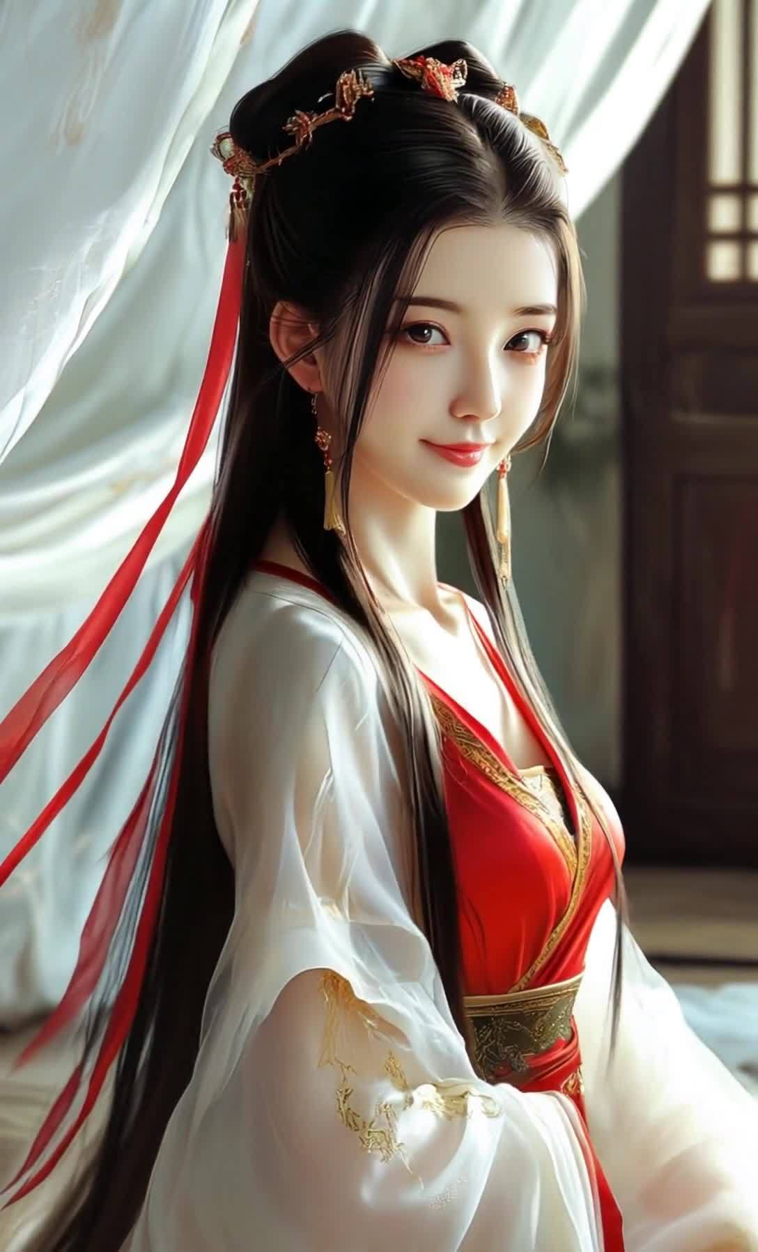 一位身着红色古装的女子，长发乌黑，头戴金色发饰，佩