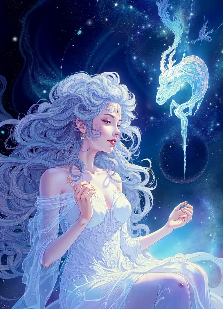 一位女性，有着白色的长发，身穿白色的连衣裙，连衣裙