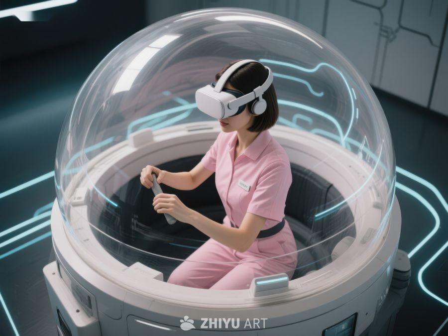 虚拟现实体验舱中的女性操作 394