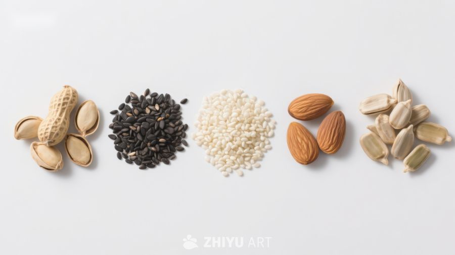 多种坚果与种子的排列展示