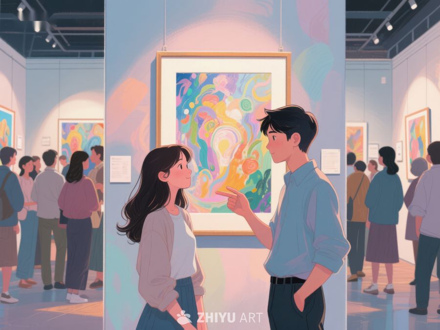 美术馆内情侣观赏抽象画 489