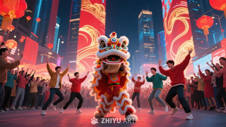 舞狮表演庆祝城市夜景 122