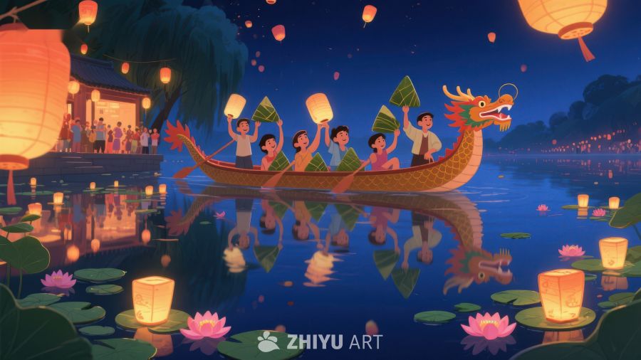 夜色中划龙舟的欢乐场景 438