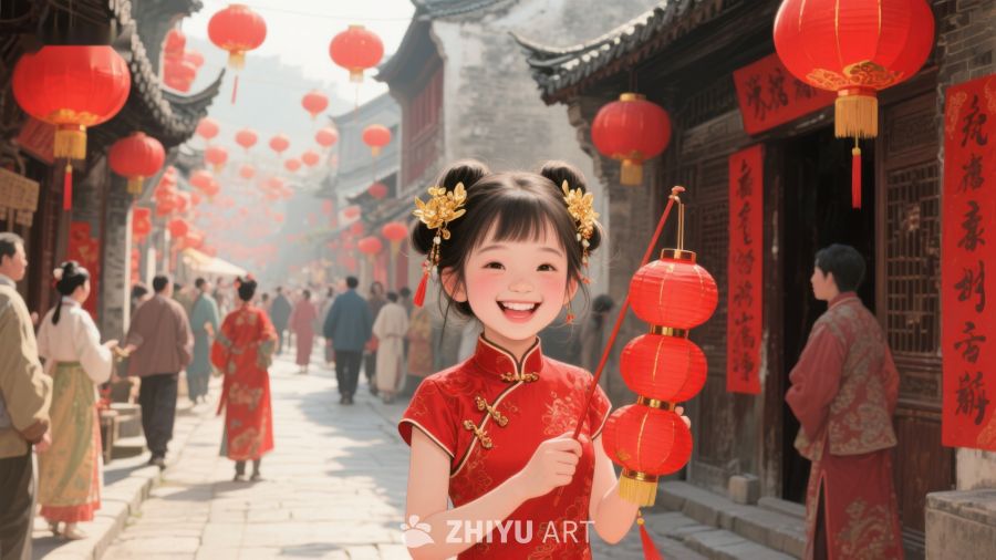 小女孩身着红衣在灯笼高挂的古街中 955