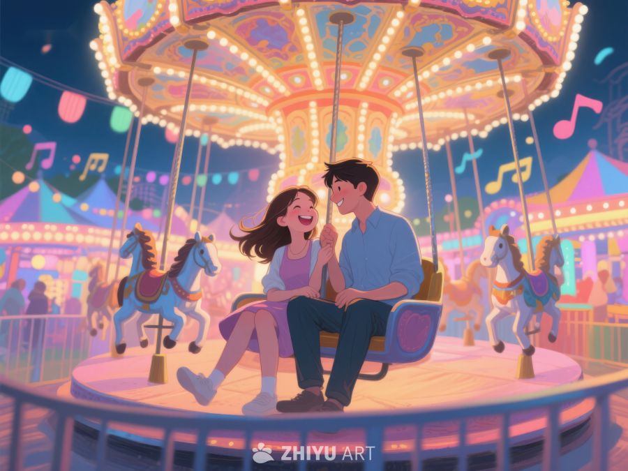 夜晚游乐园中的旋转木马情侣 1007