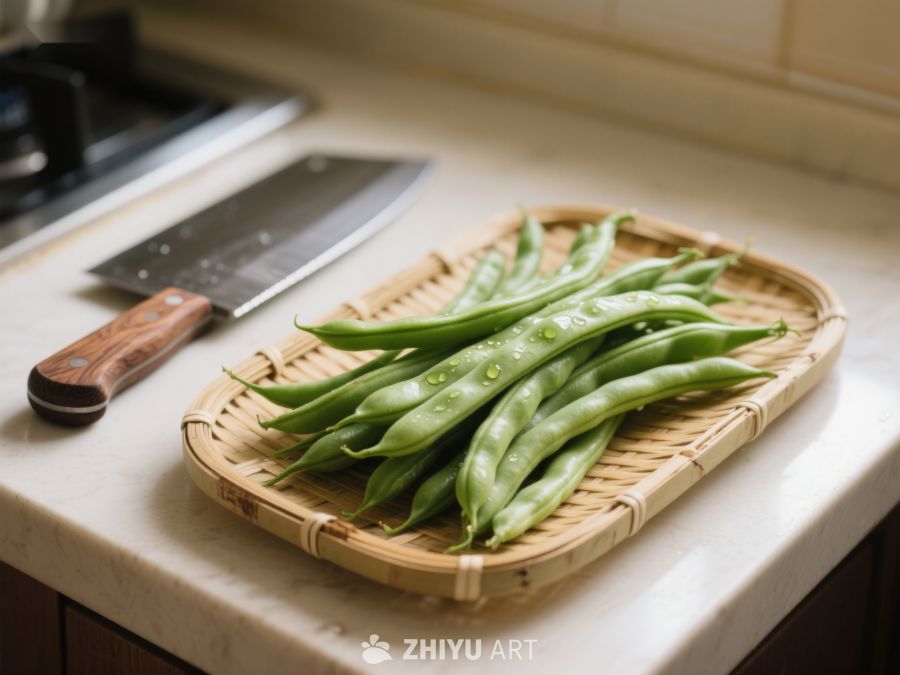 新鲜四季豆置于竹篮旁配菜刀 535