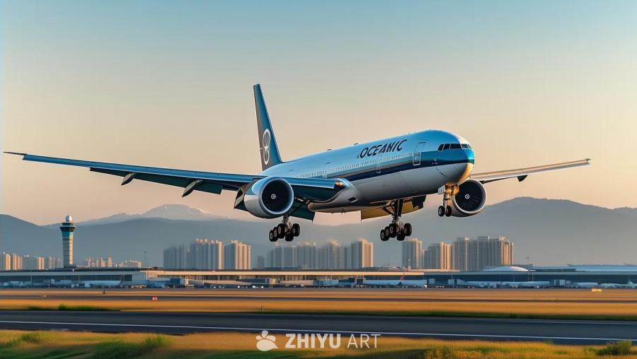 一架海洋航空的波音777-300ER飞机在早晨降落