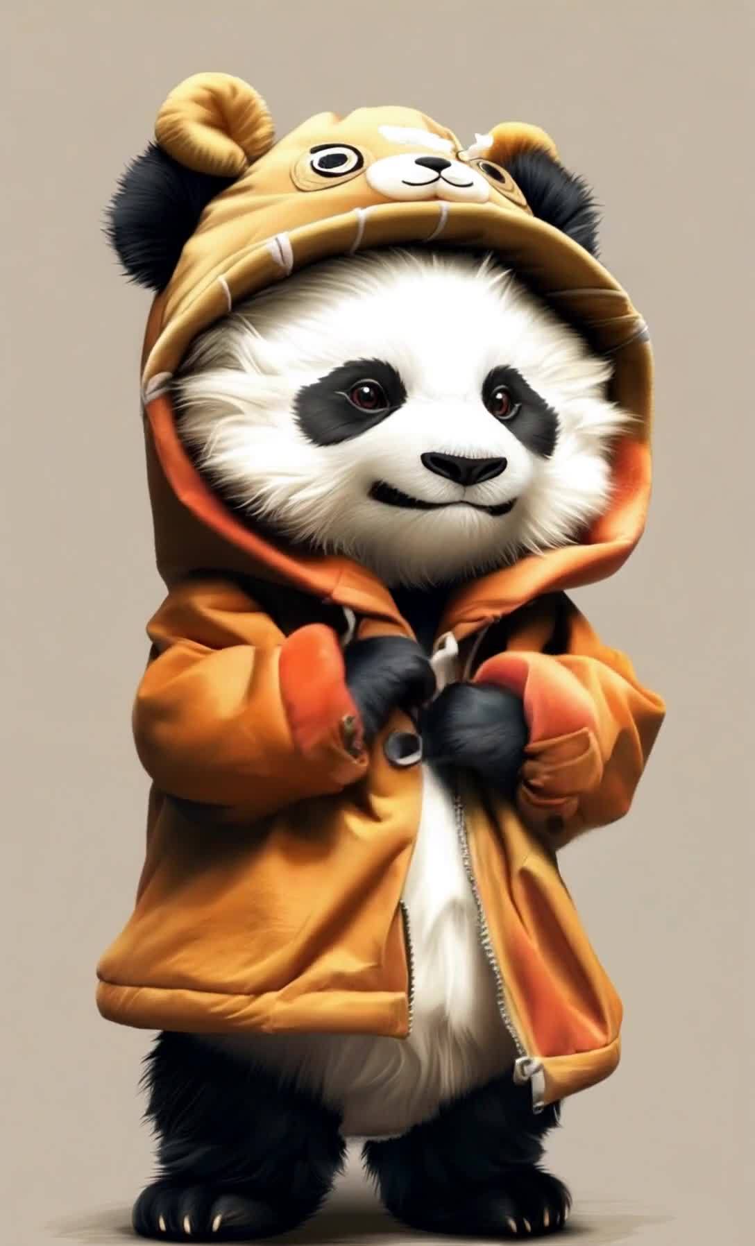一只熊猫穿着一件带帽子的橙色外套。外套上有拉链和红