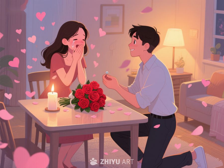 浪漫求婚场景，男子单膝跪地献花 411