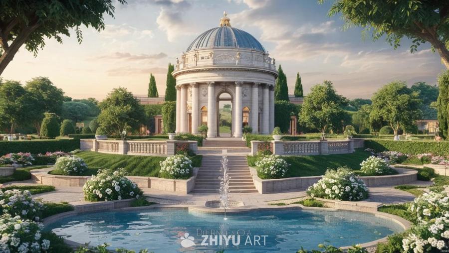 圆形建筑位于景观花园中央，建筑顶部为穹顶结构，周围