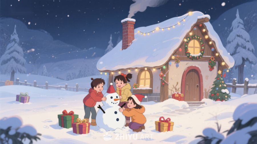 冬夜温馨小屋，孩童堆雪人 85