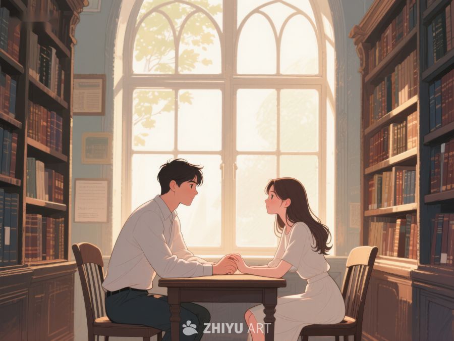 图书馆内两人对坐阅读 685