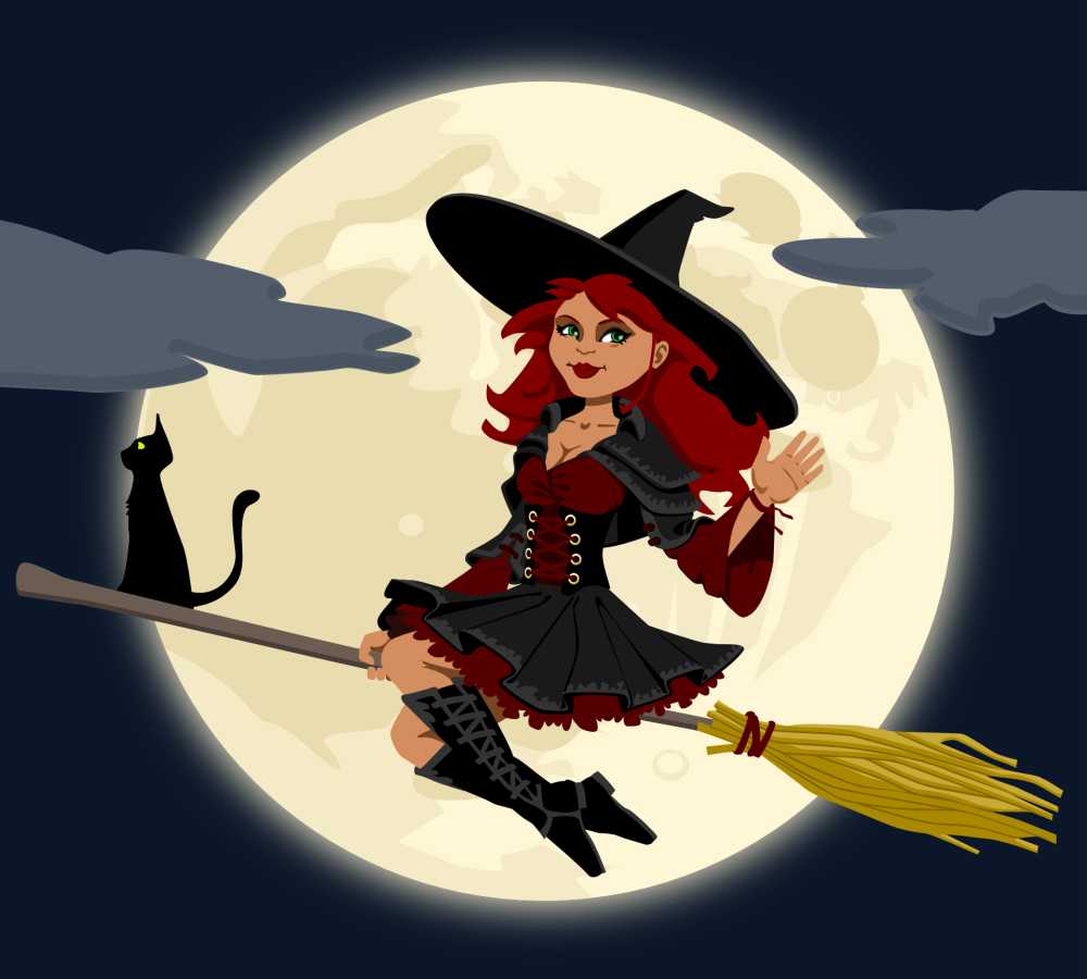 巫婆巫术曼城扫帚猫女性飞行万圣节魔术满月夜隐匿性女子女孩