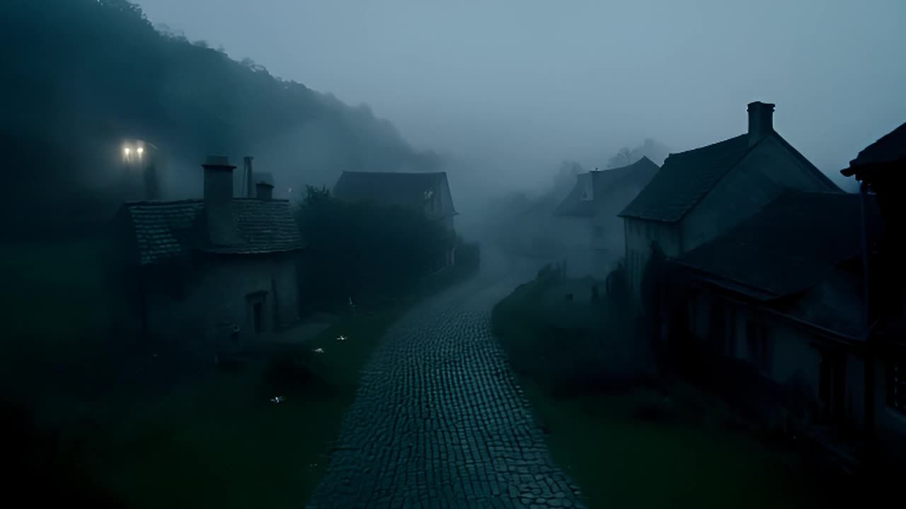 一个被雾笼罩的村庄，乡村的宁静与故事的黑暗形成对比