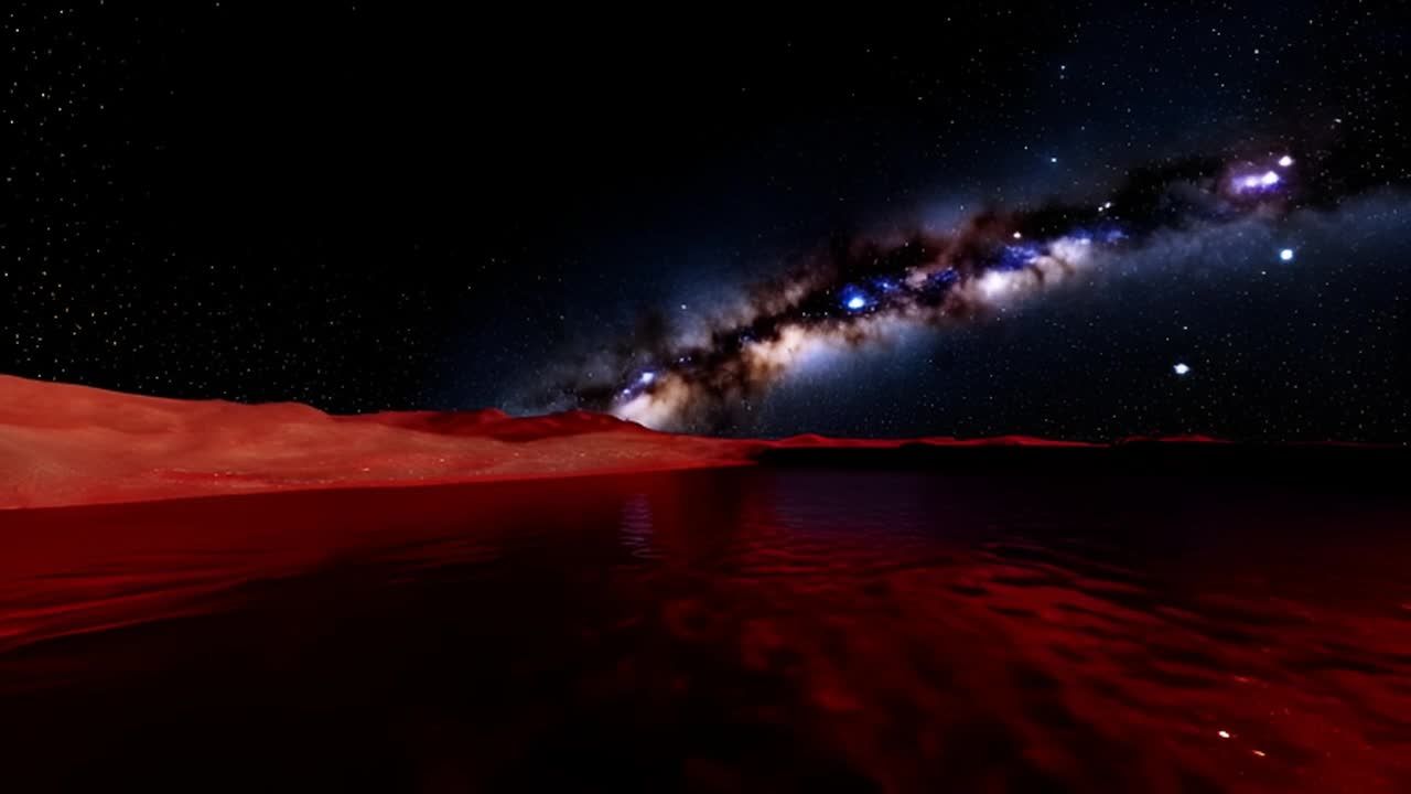 红色的星球表面上一片死寂的水域，反射着天空中如同血