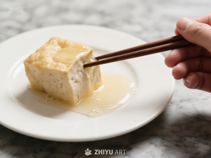 筷子夹起盘中的嫩豆腐 335