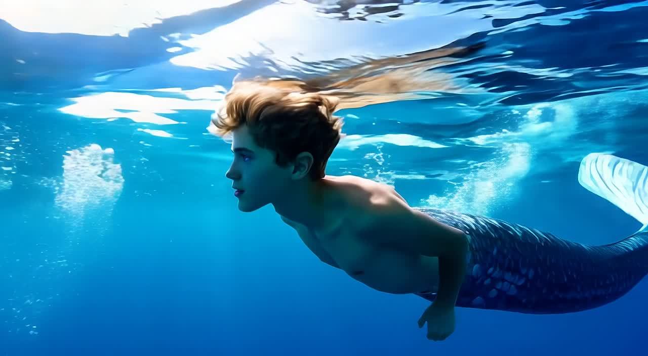 一个年轻的男子在蔚蓝色的海水中游泳，他的眼睛是蓝色