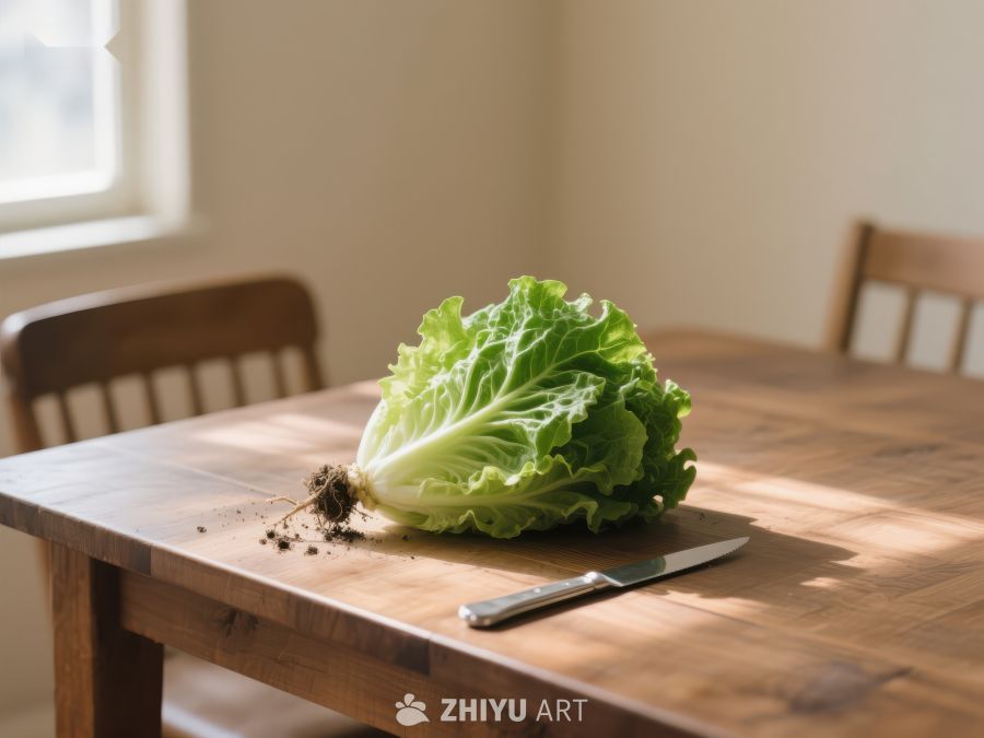 生菜置于木质餐桌，阳光洒落 151