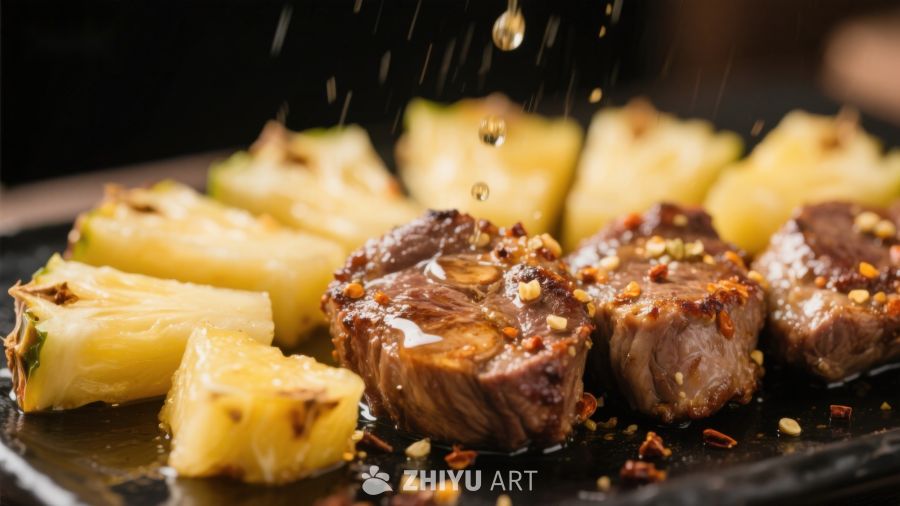 香煎牛肉配菠萝块