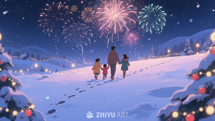 冬夜烟花下的温馨家庭 110