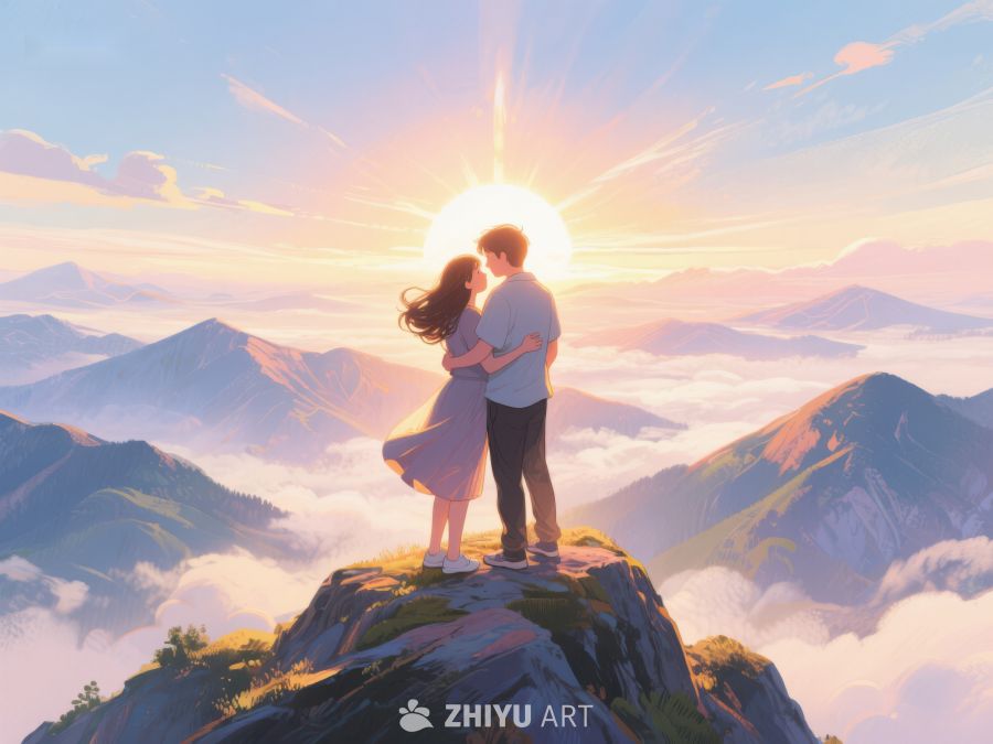 山顶情侣拥抱，共赏日出美景 642