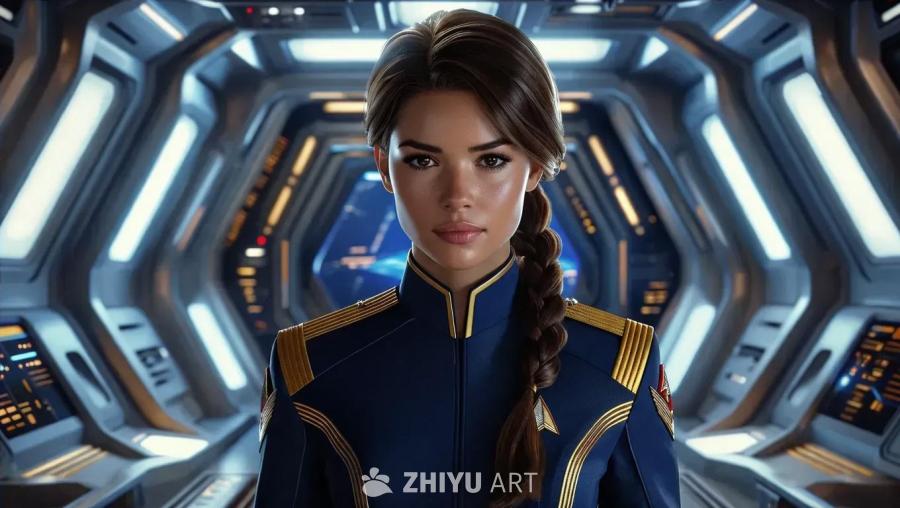 一名棕色头发的星际舰队女学员站在一个看起来像宇宙飞