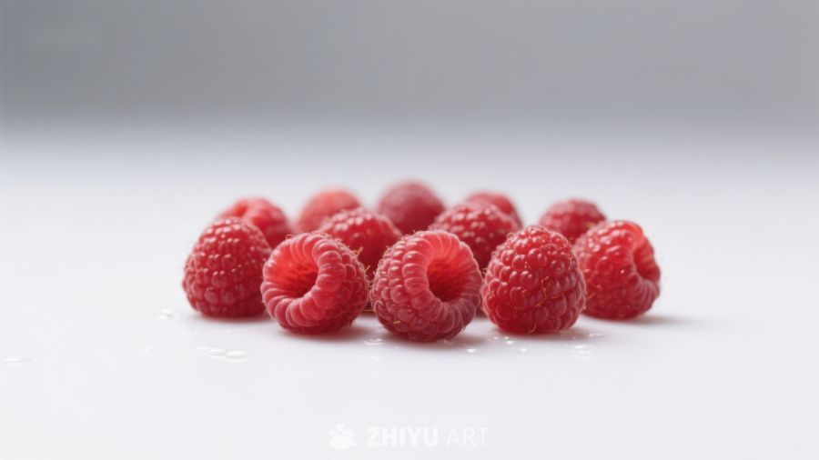 新鲜覆盆子散落于白色背景