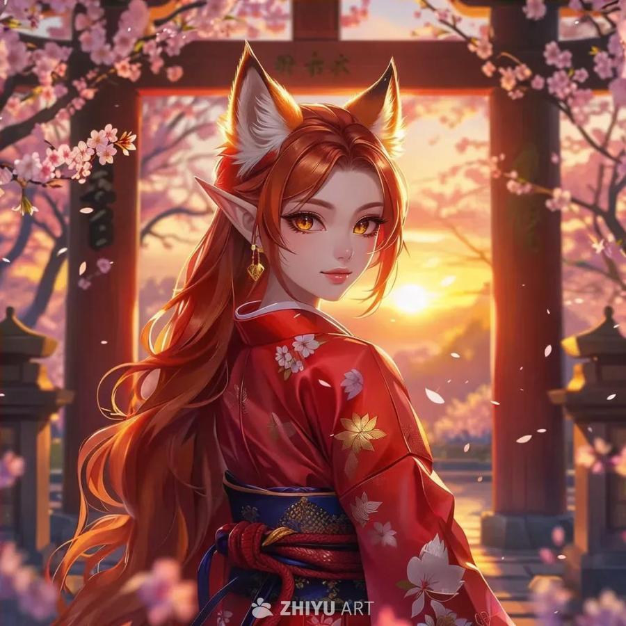 一个拥有深棕色皮肤的日本狐妖女孩站在一个日式鸟居前