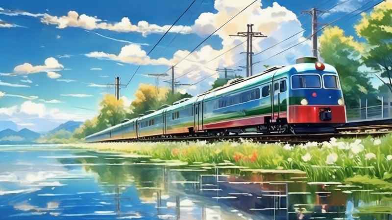 一辆火车在春天里行驶