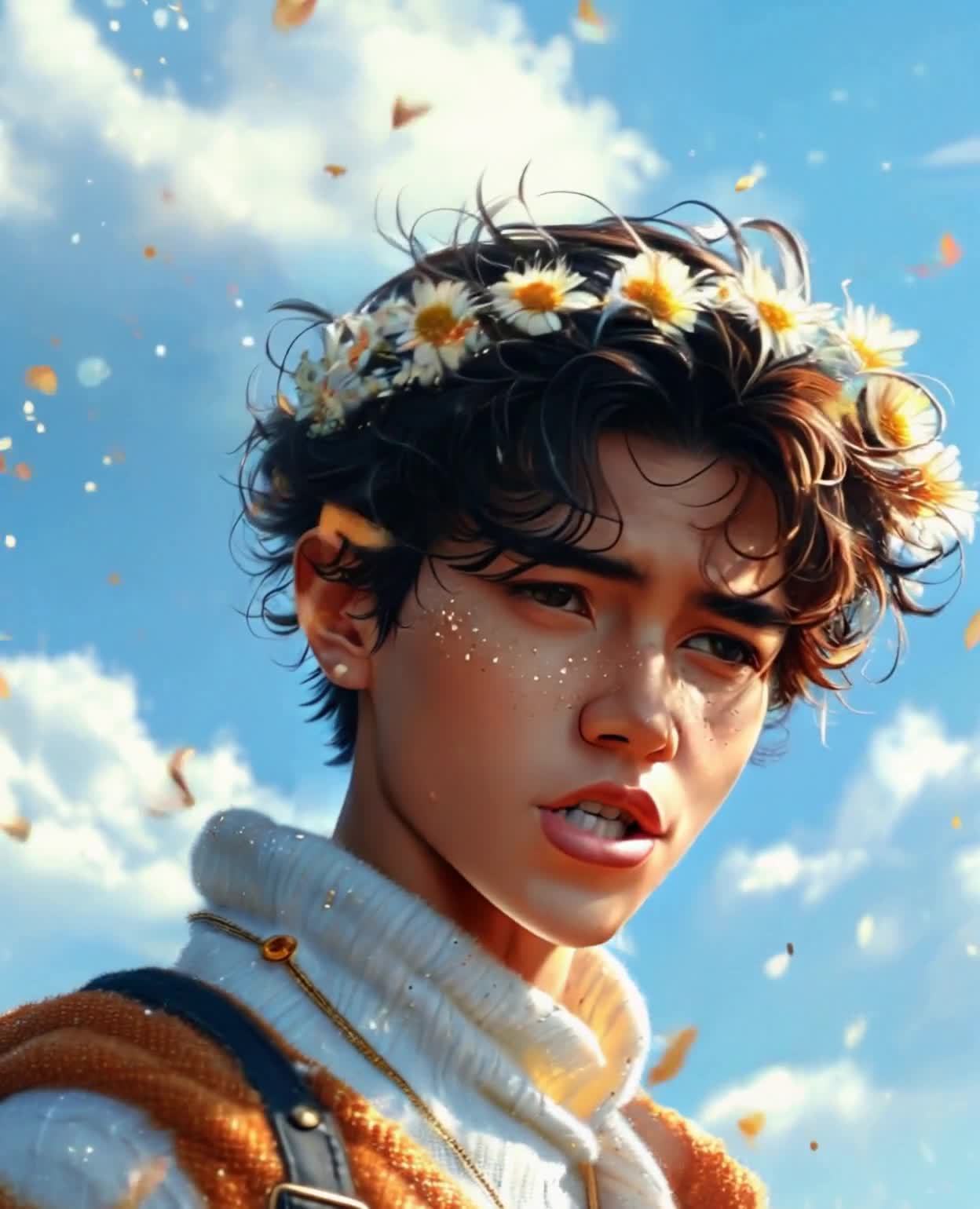 雏菊花环少年：蓝天下闪耀金色光芒