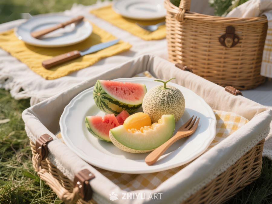 夏日野餐：切片西瓜与甜瓜 588