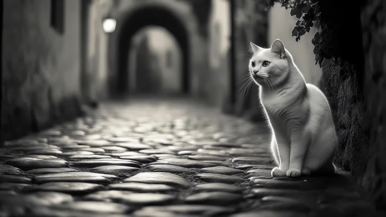 一只白色的猫坐在铺着鹅卵石的街道上，街道两侧是高耸